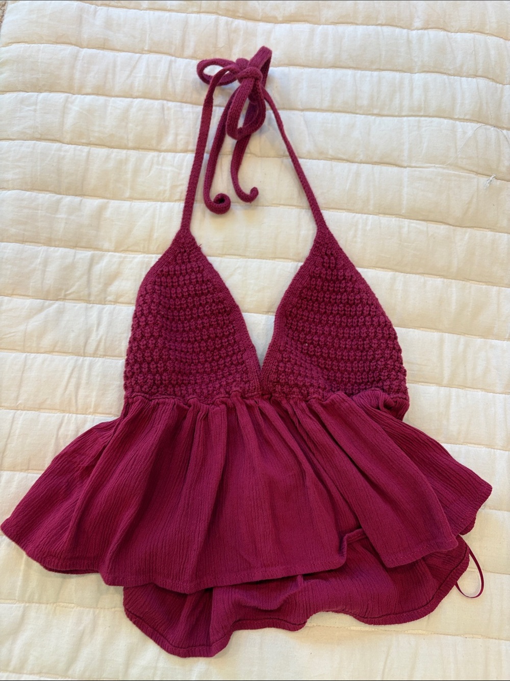 Garage Crochet Halter Peplum Top in Deep Magenta